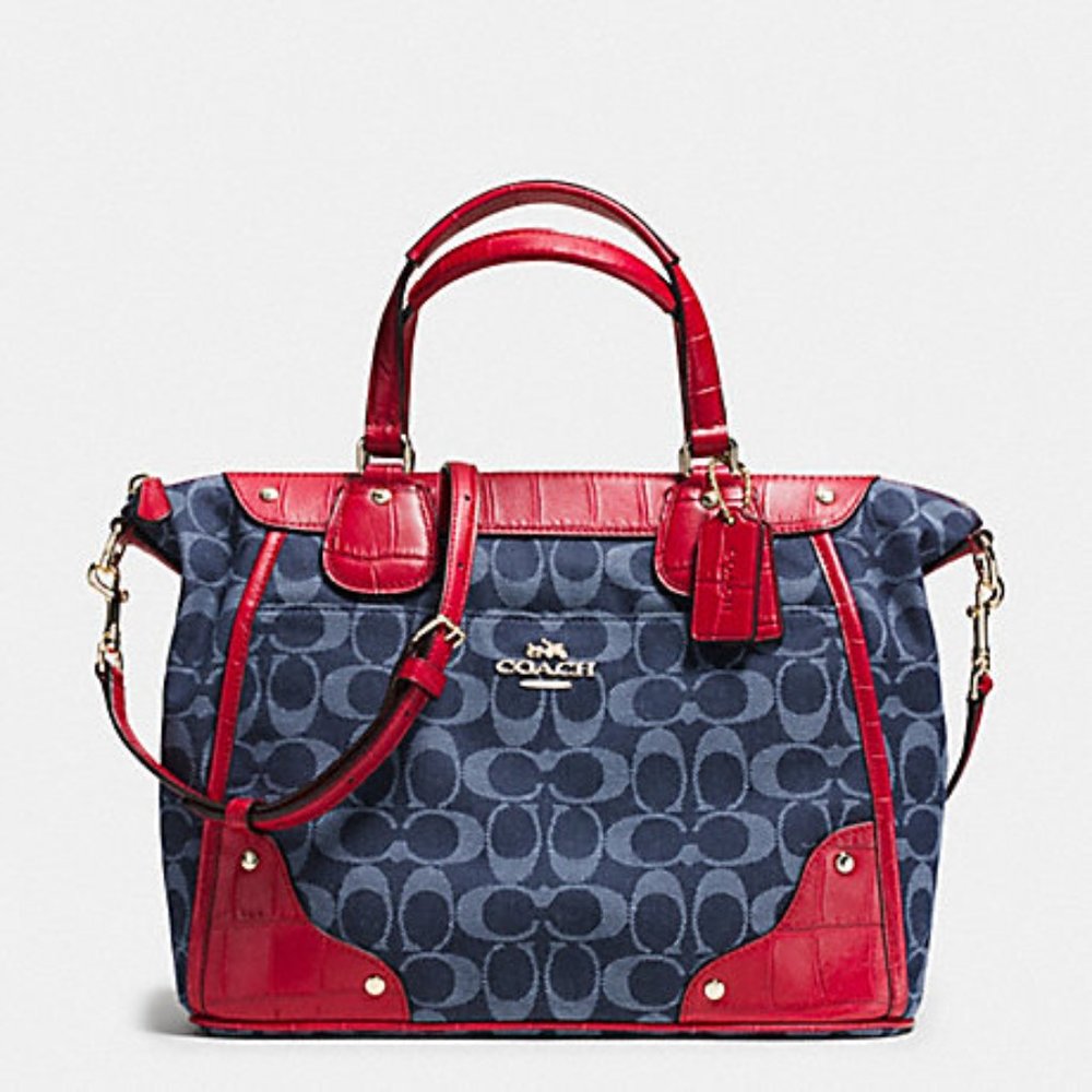 Coach Mickie Satchel Signature Denim and Red Croc-Embossed Leather